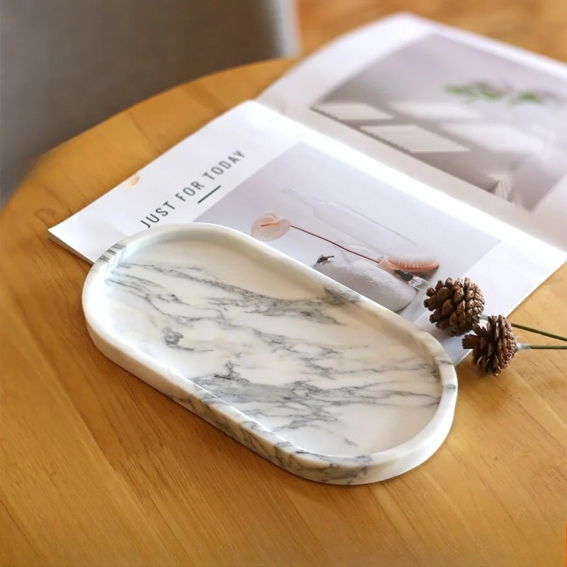 Vanity Home Decor - ถาดหินอ่อนธรรมชาติทรงรี - ชามตกแต่งหรูหราพร้อมที่เก็บเครื่องประดับ ที่เก็บของอเนกประสงค์สำหรับทางเข้า/ห้องน้ำ สไตล์โมเดิร์น สำหรับตกแต่งบ้าน