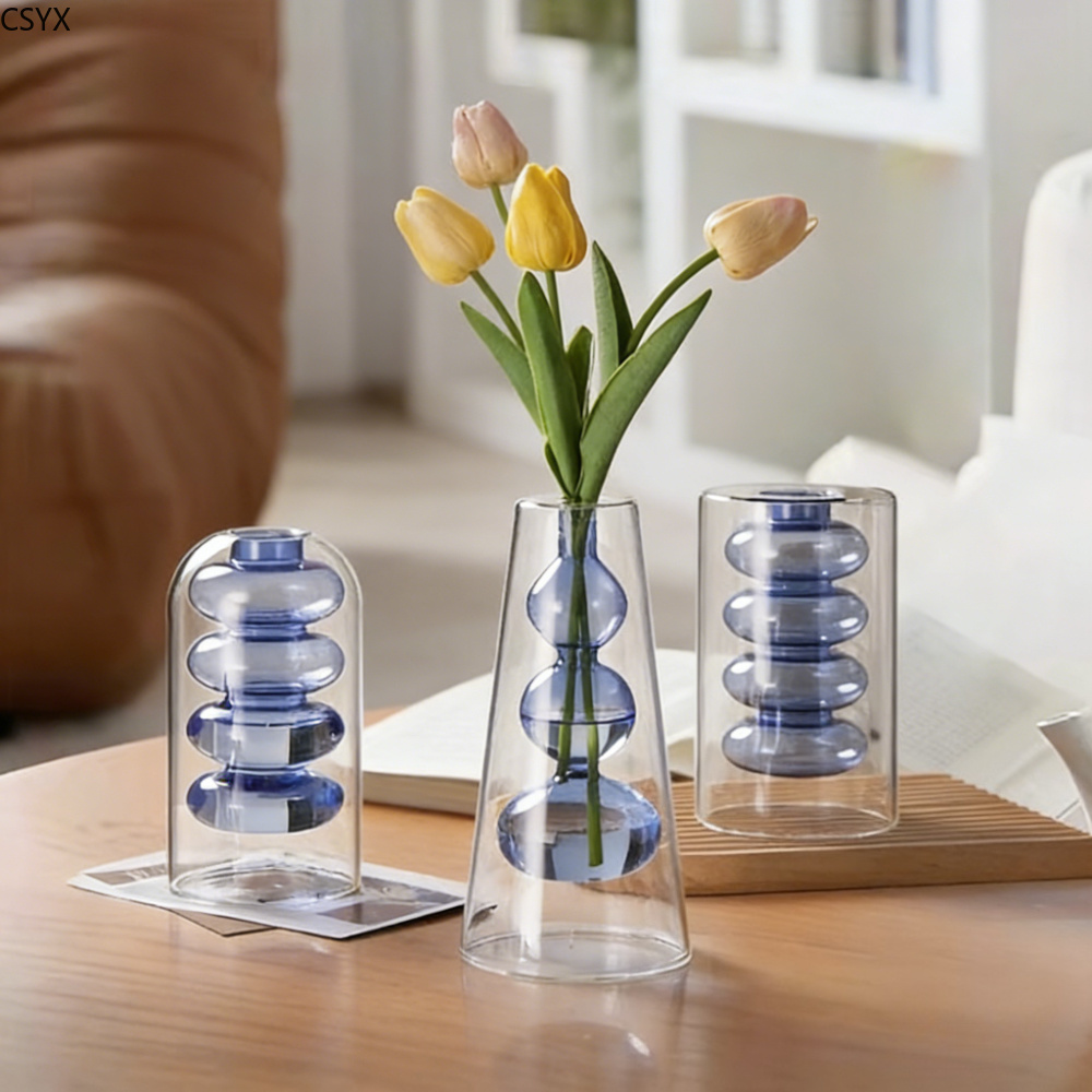 Glass Vase Nordic - แจกันแก้วสองชั้นสีสันสดใสสไตล์นอร์ดิก แจกันใสสำหรับปลูกพืชแบบไฮโดรโปนิกส์ แจกันดอกไม้แห้ง ตกแต่งโต๊ะอาหารเรียบง่าย