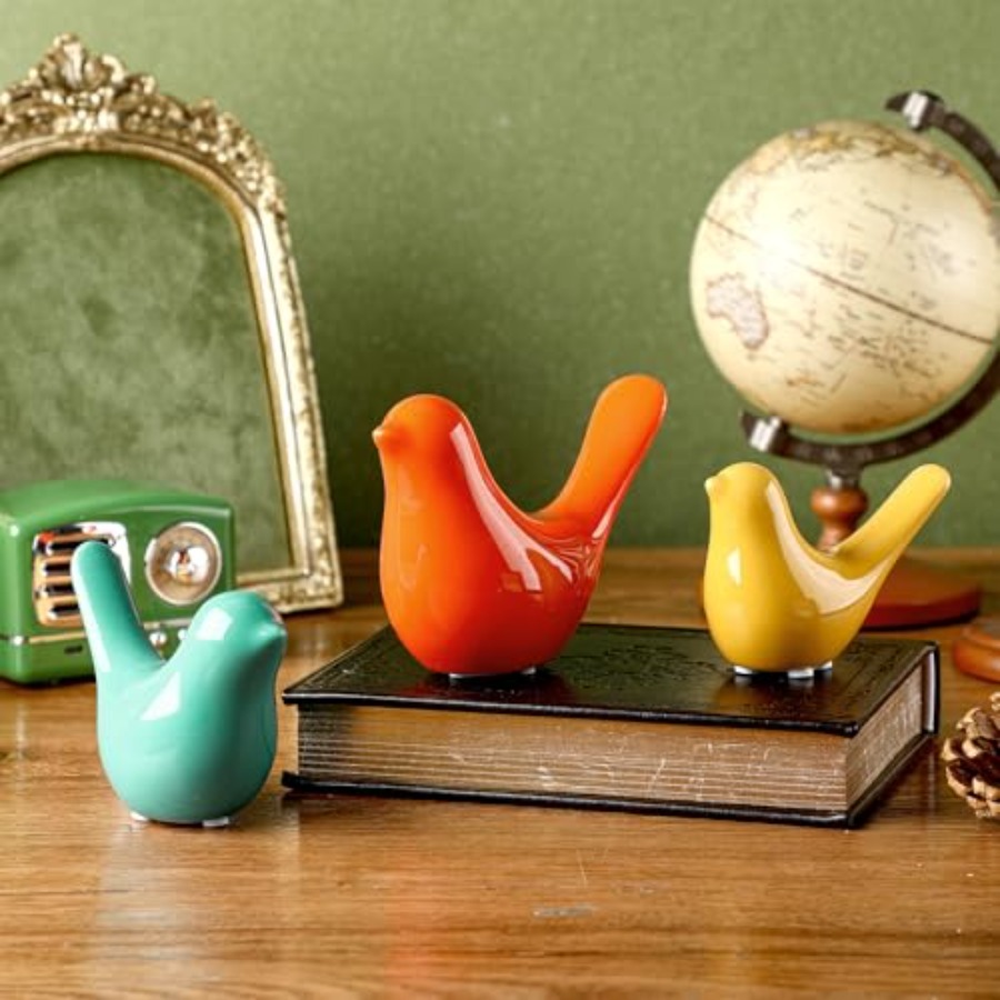 Home Decor Medieval - ของตกแต่งสไตล์มิดเซ็นจูรี่โมเดิร์น 3 ชิ้น ของตกแต่งโต๊ะสไตล์ยุคกลาง นกเซรามิกสีส้ม น้ำเงิน