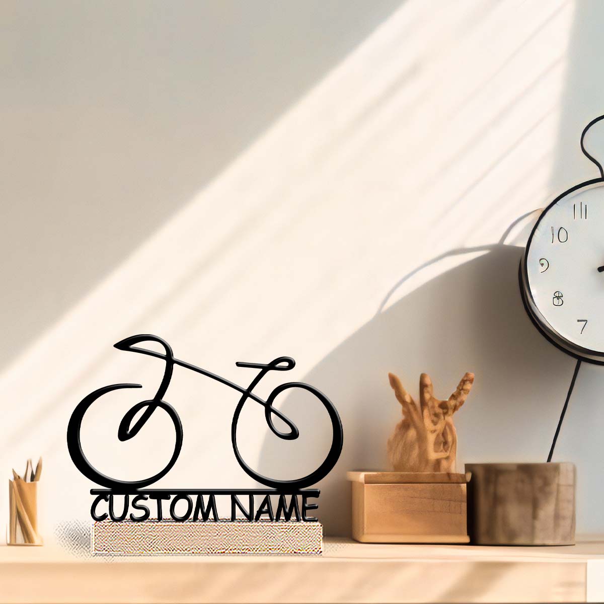 Home Decor Names - ของตกแต่งงานศิลปะโลหะบนฐานไม้รูปจักรยานลายเส้นทันสมัย 1 ชิ้น พร้อมสลักชื่อได้ ตกแต่งบ้าน สำนักงาน