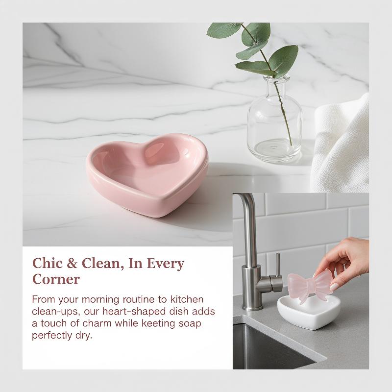 Vanity Home Decor - จานสบู่เซรามิครูปหัวใจน่ารัก พร้อมดีไซน์ระบายน้ำได้เอง สำหรับอ่างล้างหน้าในห้องน้ำ ตกแต่งบ้าน