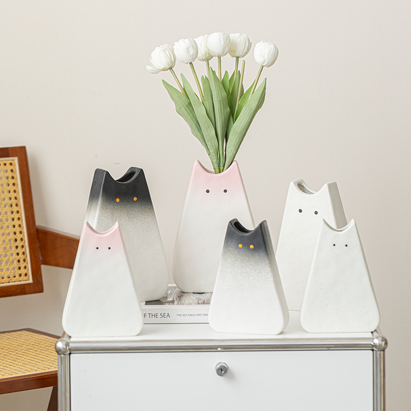 Glass Vase Nordic - แจกันเซรามิคลายแมวน่ารัก สไตล์นอร์ดิก เรียบง่ายและน่ารัก ตกแต่งสำหรับจัดดอกไม้แห้ง ห้องนั่งเล่นแบบไฮโดรโปนิกส์