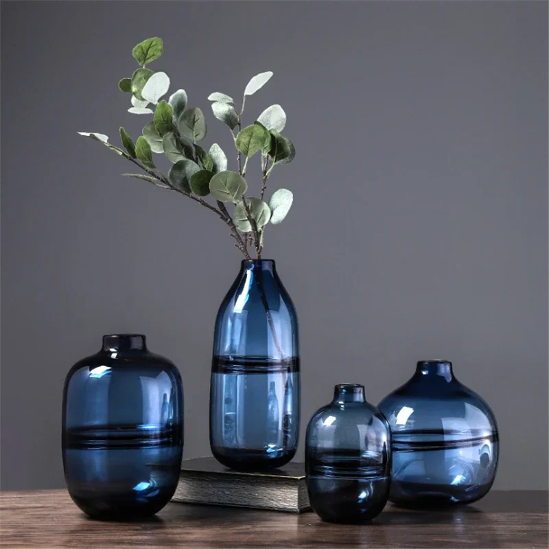Glass Vase Nordic - Minimalist สีฟ้าสีดําแจกันแก้วห้องนั่งเล่น Nordic ร้านอาหารดอกไม้โปร่งใสดอกไม้ตกแต่งเครื่องประดับ