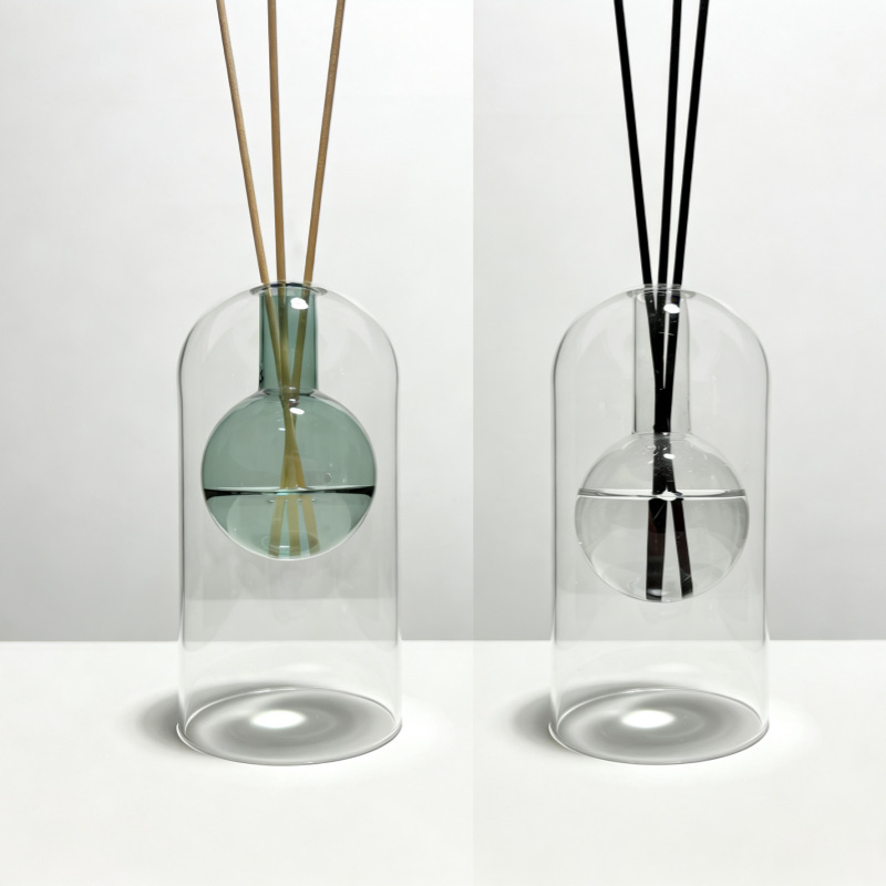 Glass Vase Nordic - ขวดแก้วทรงตัวยูแบบนอร์ดิกสองชั้นสำหรับใส่ก้านไม้หอม ขวดเปล่าสำหรับน้ำหอมปรับอากาศ แจกันดอกไม้แบบไฮโดรโปนิกส์ ของตกแต่งบ้านสำหรับวางบนโต๊ะ