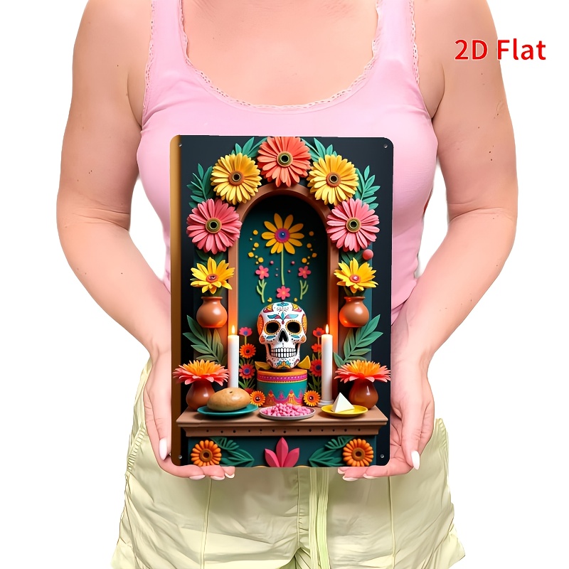 Home Decor Kolkata - สัญลักษณ์วันแห่งความตาย - แท่นบูชาวันแห่งความตายแบบเม็กซิกัน ป้ายโลหะเหล็ก ตกแต่งสไตล์เรโทร เหมาะสำหรับใช้ในบ้าน/ห้องครัว
