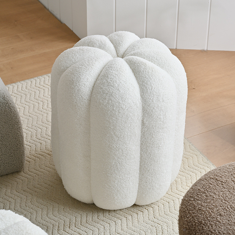 Vanity Home Decor - เก้าอี้สตูลแต่งหน้าทรงฟักทอง หุ้มกำมะหยี่เท็ดดี้ โครงไม้เนื้อแข็ง เก้าอี้สตูลแต่งหน้าสีครีม หรูหรา ทันสมัย