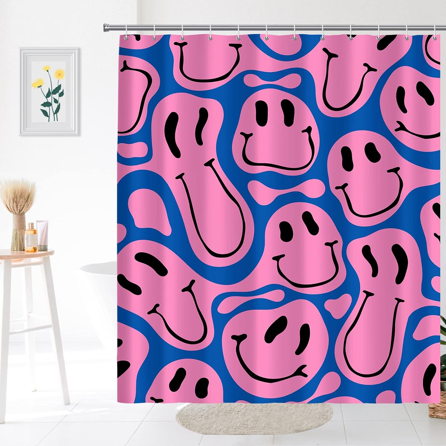Home Decor Emoji - ม่านอาบน้ำพิมพ์ลายหน้ายิ้มน่ารักตลก สีฟ้าชมพู ลายกราฟิกกันน้ำ ตกแต่งห้องน้ำ สำหรับเด็ก ตกแต่งบ้าน