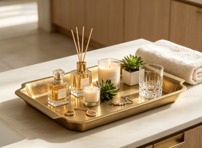 Vanity Home Decor - ถาดตกแต่งโลหะหล่อสีทองขนาด 17