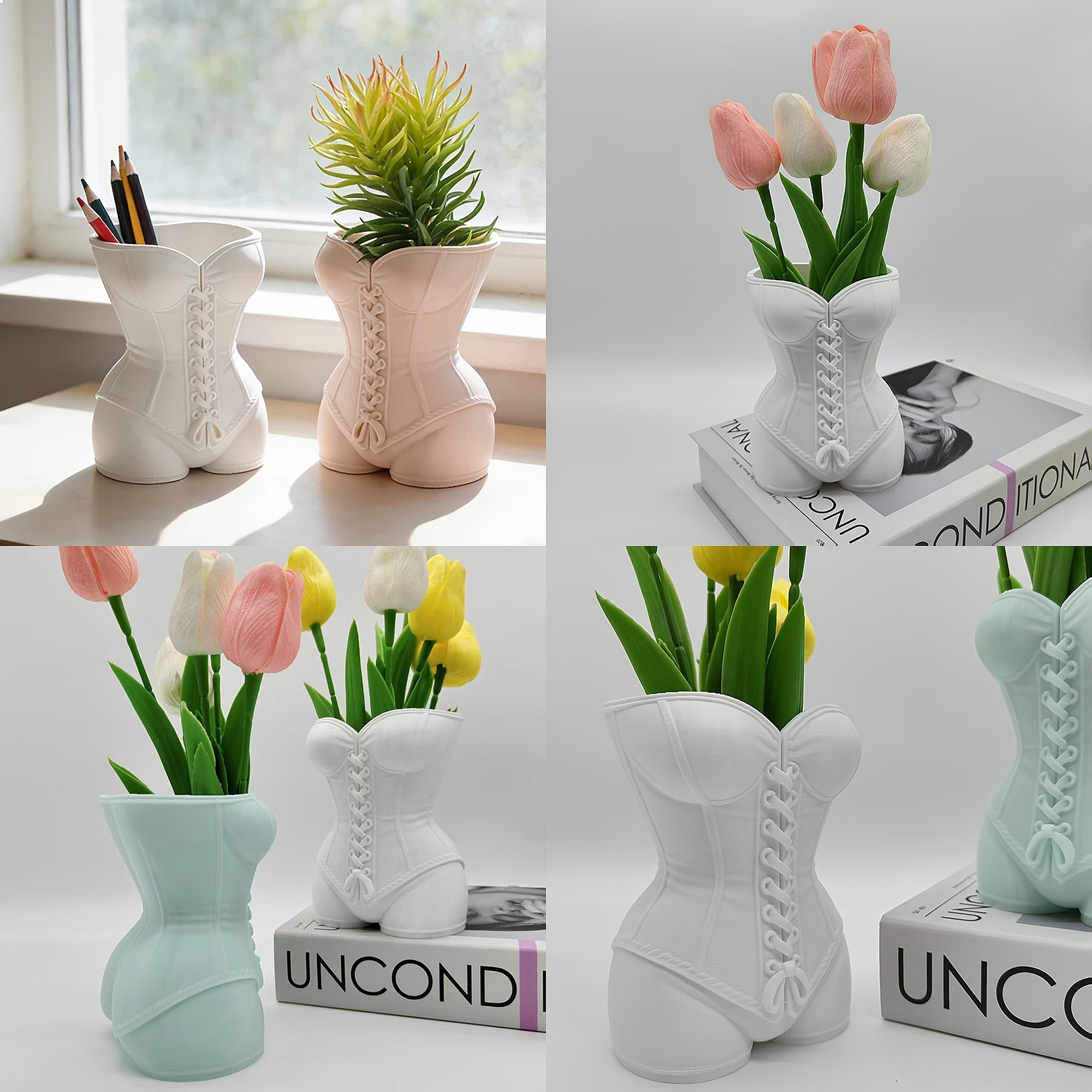 Vanity Home Decor - ที่ใส่ดินสอทรงคอร์เซ็ทสไตล์วิคตอเรียน, ที่จัดระเบียบโต๊ะเครื่องแป้ง, กระถางเก็บแปรง, แจกันดอกไม้แห้ง, ของตกแต่งบ้าน