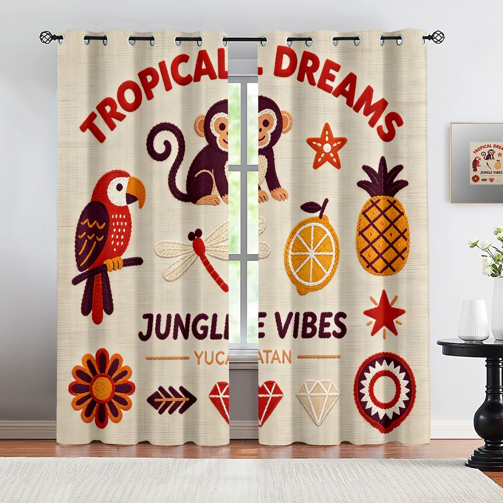 Blackout Curtains - ผ้าม่านพิมพ์ลายลิงและนกแก้วยูคาตัน Tropical Dreams Jungle Vibes ผ้าม่านกันแสงพิมพ์ลายดิจิทัล