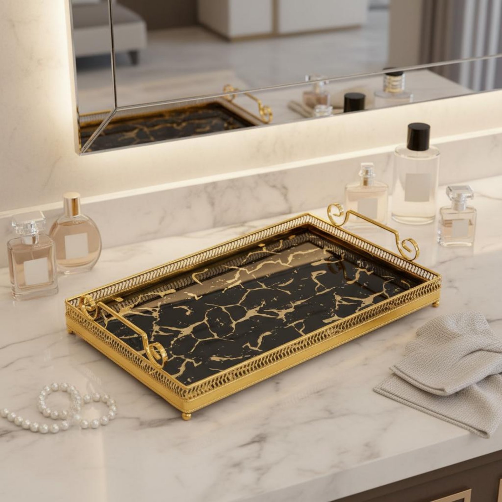 Vanity Home Decor - ถาดกระจกตกแต่ง ดีไซน์สไตล์นอร์ดิก ถาดกระจกตกแต่งบ้าน ของตกแต่งบนโต๊ะ ของตกแต่งบ้าน ทำความสะอาดง่าย