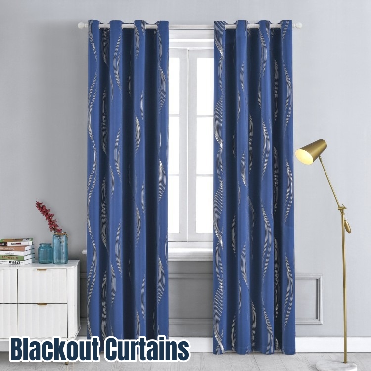 Blackout Curtains - ผ้าม่านกันแสงสีดำสำหรับหน้าต่างห้องนั่งเล่น, ผ้าม่านตกแต่ง, ผ้าม่านกันแสงความแม่นยำสูง ลายคลื่นสีเงิน 1 ชิ้น