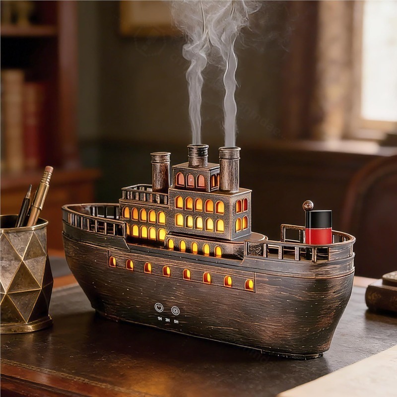 Home Decor Outlet - เครื่องพ่นไอน้ำอโรม่าแบบอัลตราโซนิกทรงเรือกลไฟย้อนยุค พร้อมช่องพ่นไอน้ำคู่ แสงไฟอบอุ่น เครื่องเพิ่มความชื้นในอากาศสำหรับตั้งโต๊ะตกแต่งบ้านอย่างสร้างสรรค์