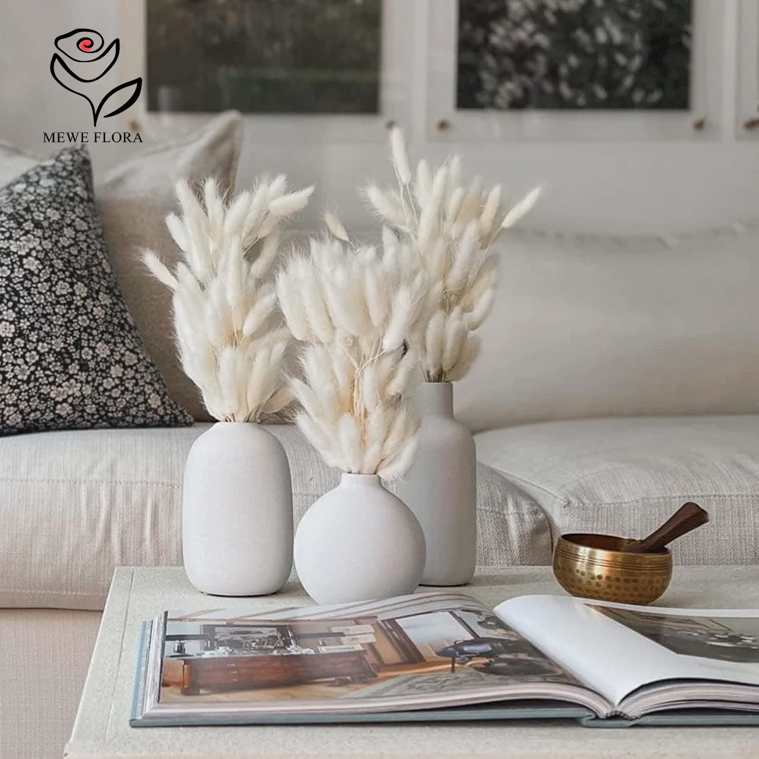 Home Decor Rustic - 150 ชิ้น หญ้าแพมพัสสีขาวธรรมชาติ ขนฟู ตกแต่งบ้าน ดอกไม้แห้ง
